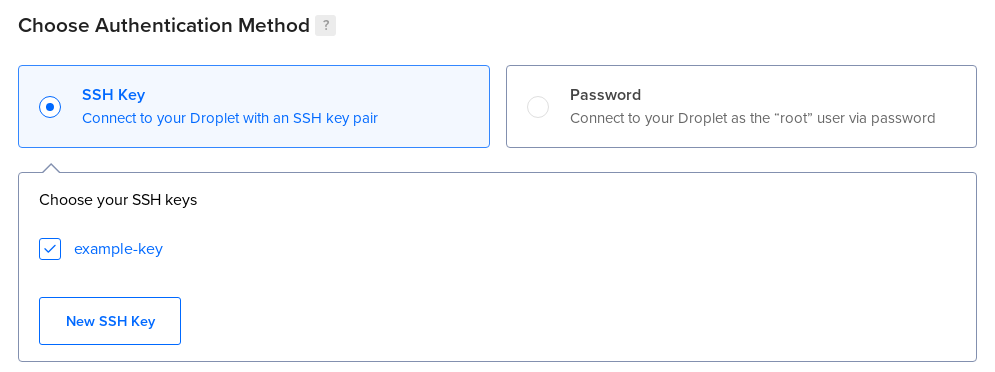 The Choose Authentication Method section of the Droplet creation page.