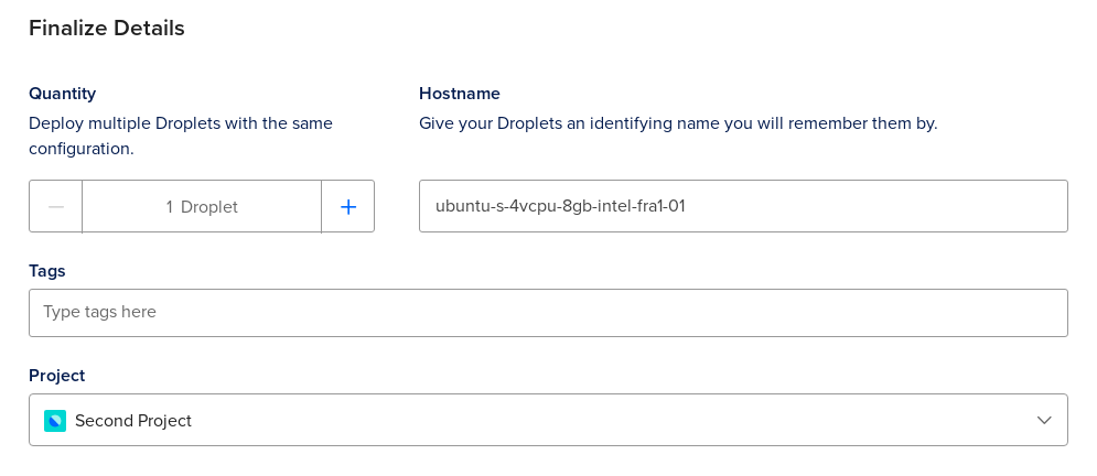 The Finalize Details section of the Droplet creation page.