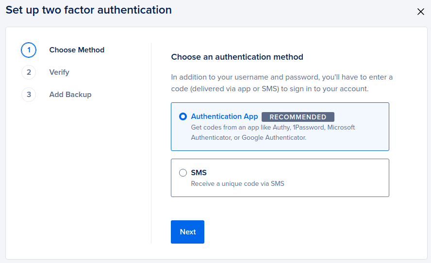 Choose an authentication method window