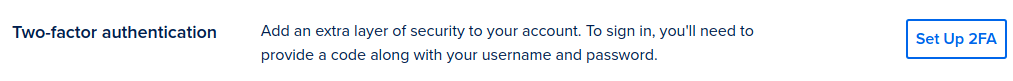 The two-factor authentication section of the My Account page with 2FA currently disabled and the Set Up 2FA button visible