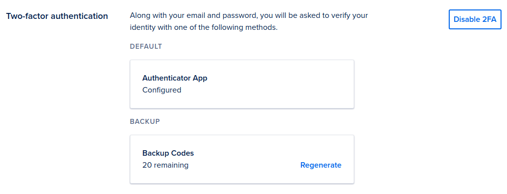 The Two-Factor Authentication section of the Profile page