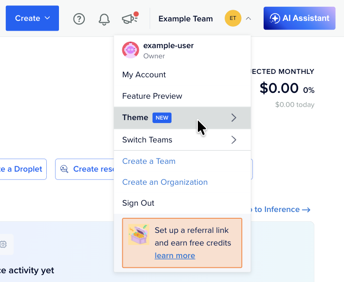 The control panel profile menu with the Theme option visible below Feature Preview.