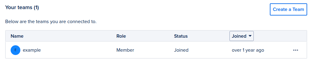 Your Teams list displaying a single team, showing the user as a member.