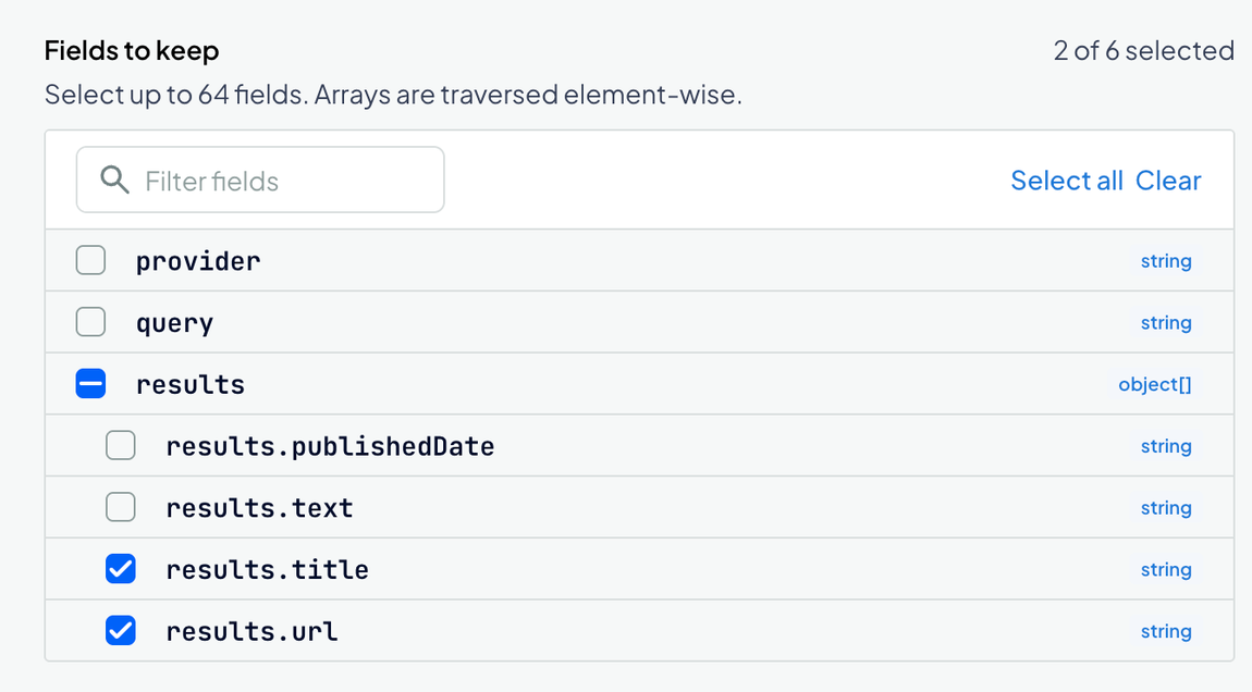 Output-view field selector with only results.title and results.url selected from Exa Web Search results.