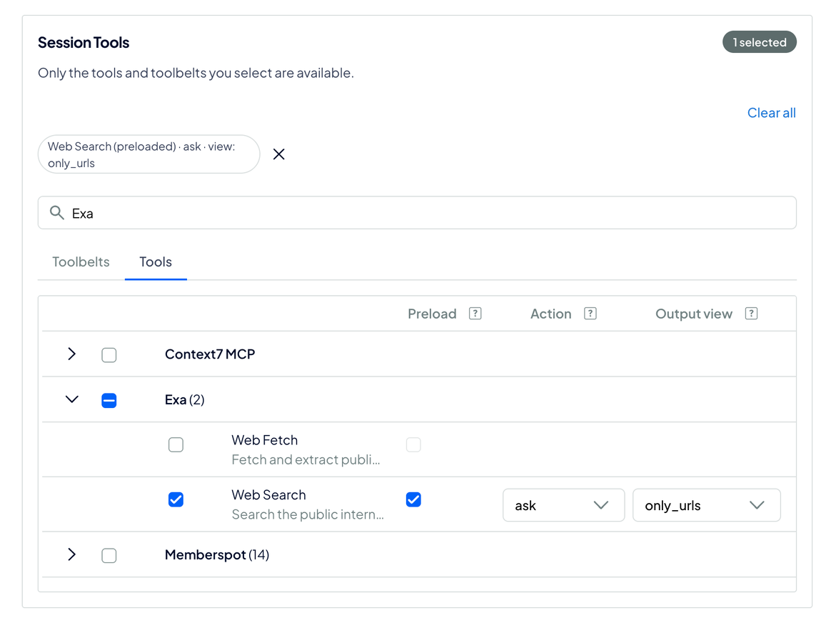 Session tool controls with Exa Web Search selected, Preload enabled, the ask action, and the only_urls output view.