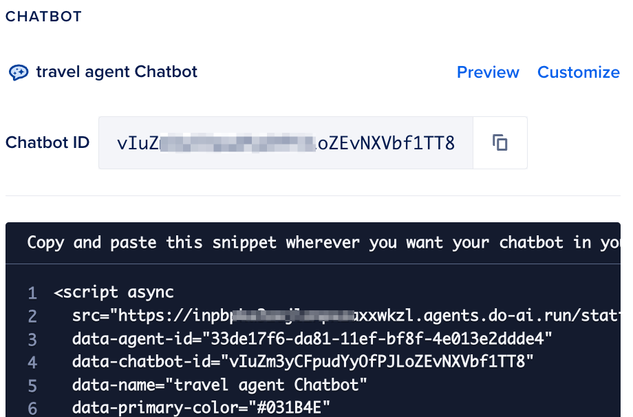 Chatbot code snippet showing how to embed the chatbot in an application