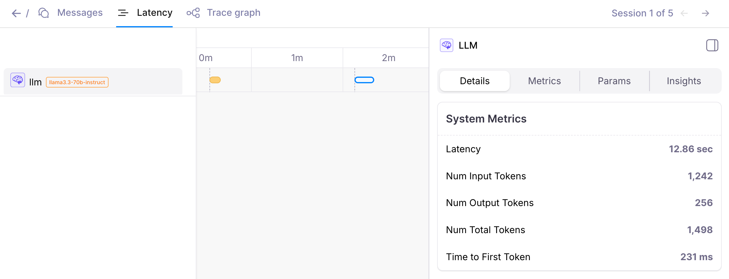 Latency view of conversation log messages showing timing bars, the agent, and guardrail steps, with the right panel displaying LLM parameters.