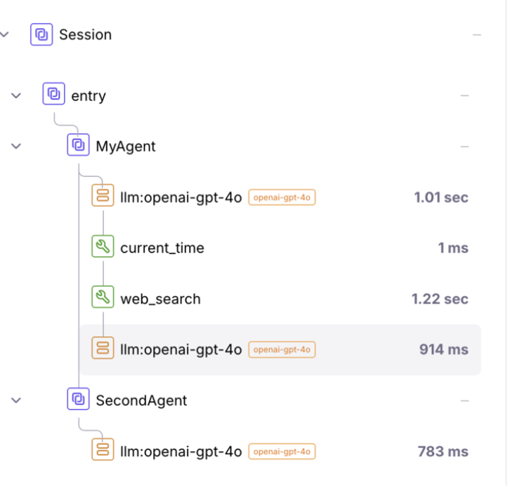 Conversation log messages screen showing a message tree for an agent session.