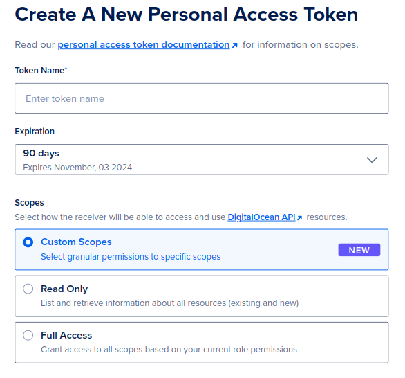 Create Personal Access Token page showing fields for token name, expiration, and scope selection options including Custom Scopes, Read Only, and Full Access.
