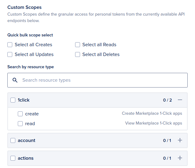 Custom scopes selection section with bulk scope filters and expandable resource-type sections.