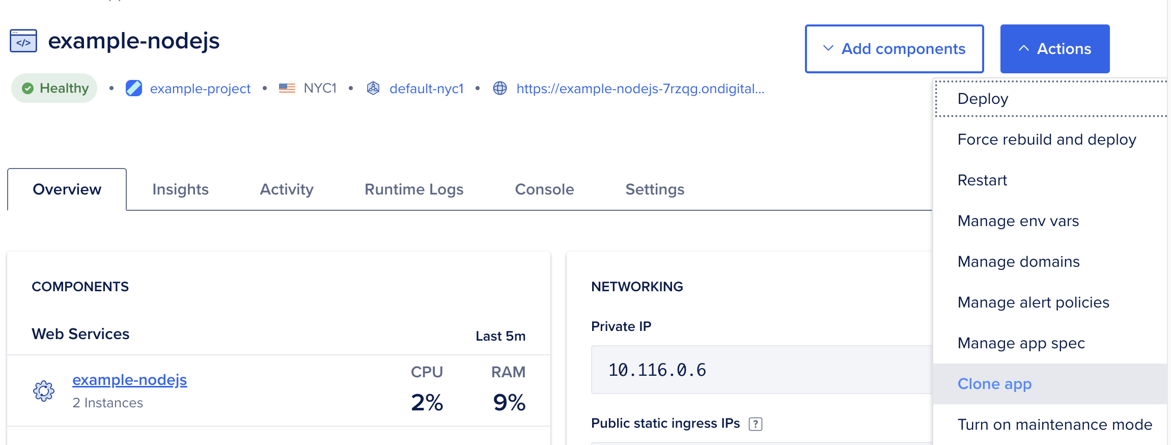 The Actions menu dropdown list with the Clone app option highlighted.