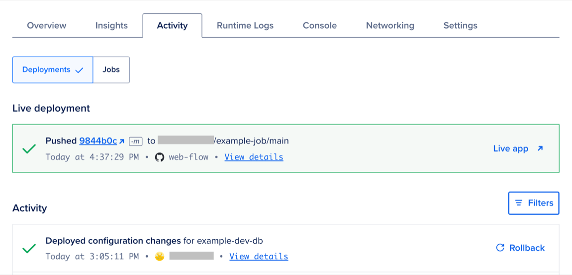 The Activity page showing a live deployment.