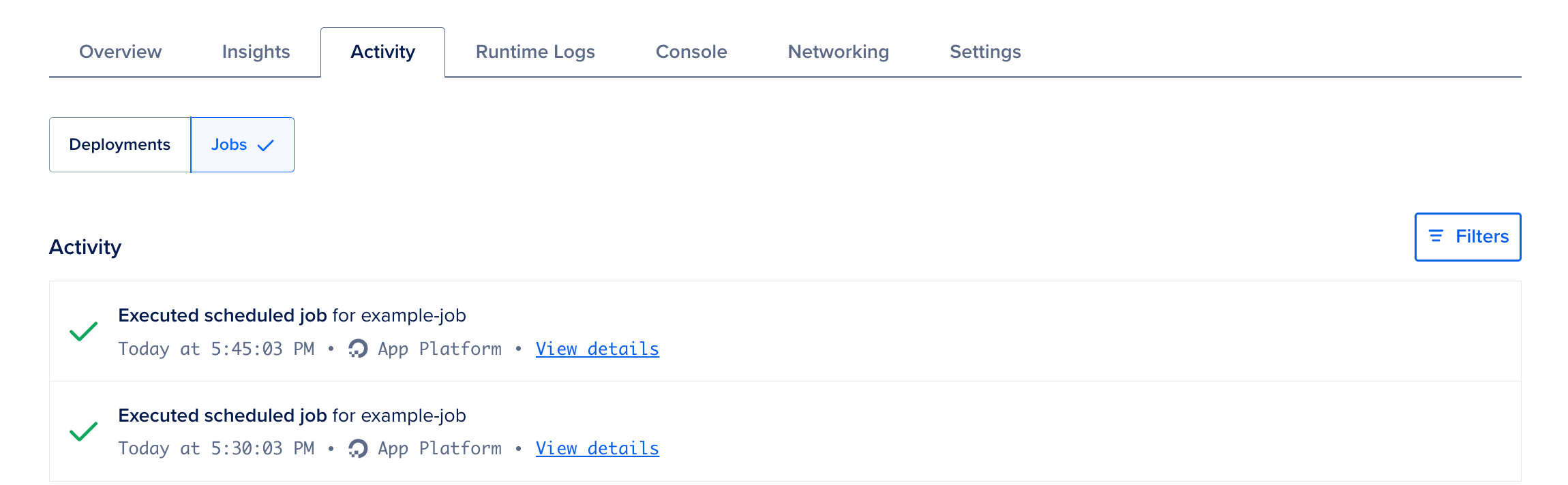 The Activity tab showing each time the cron job has run on a 15-minute interval.