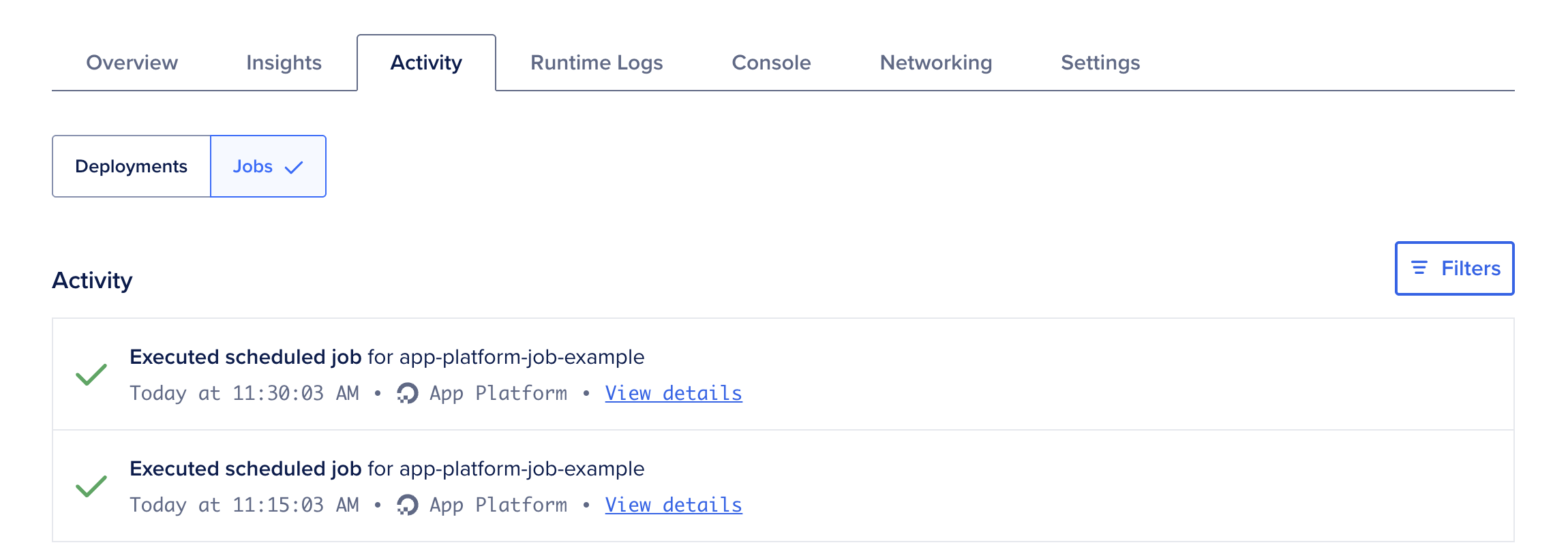 The Activity tab showing each time the cron job has run on a 15-minute interval. 