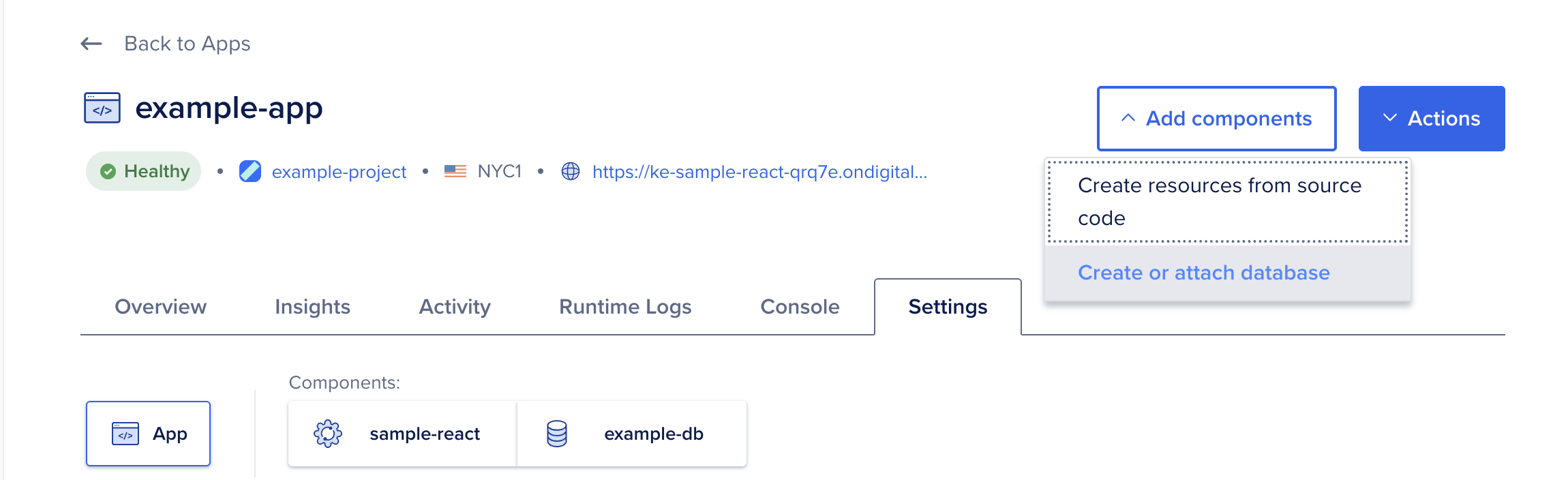 Create component menu open with Create Attach Database option selected.