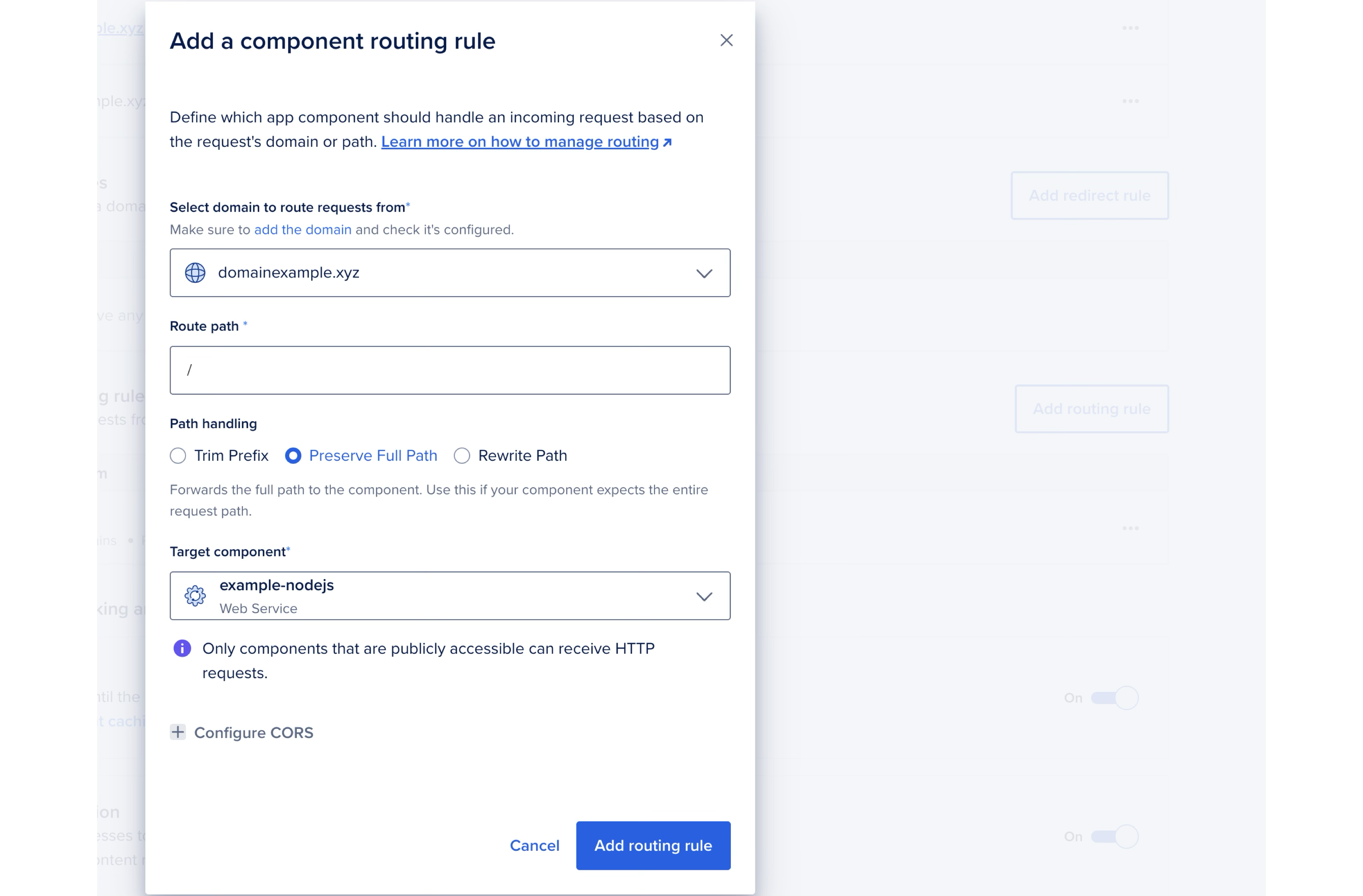 Component routing rule section with the Add routing rule button highlighted.