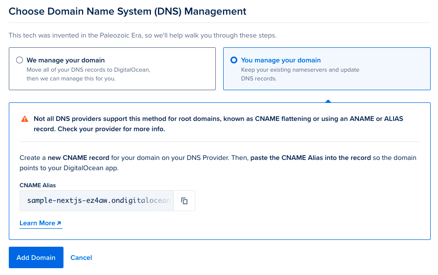 Domain add screen with Point to DigitalOcean selected