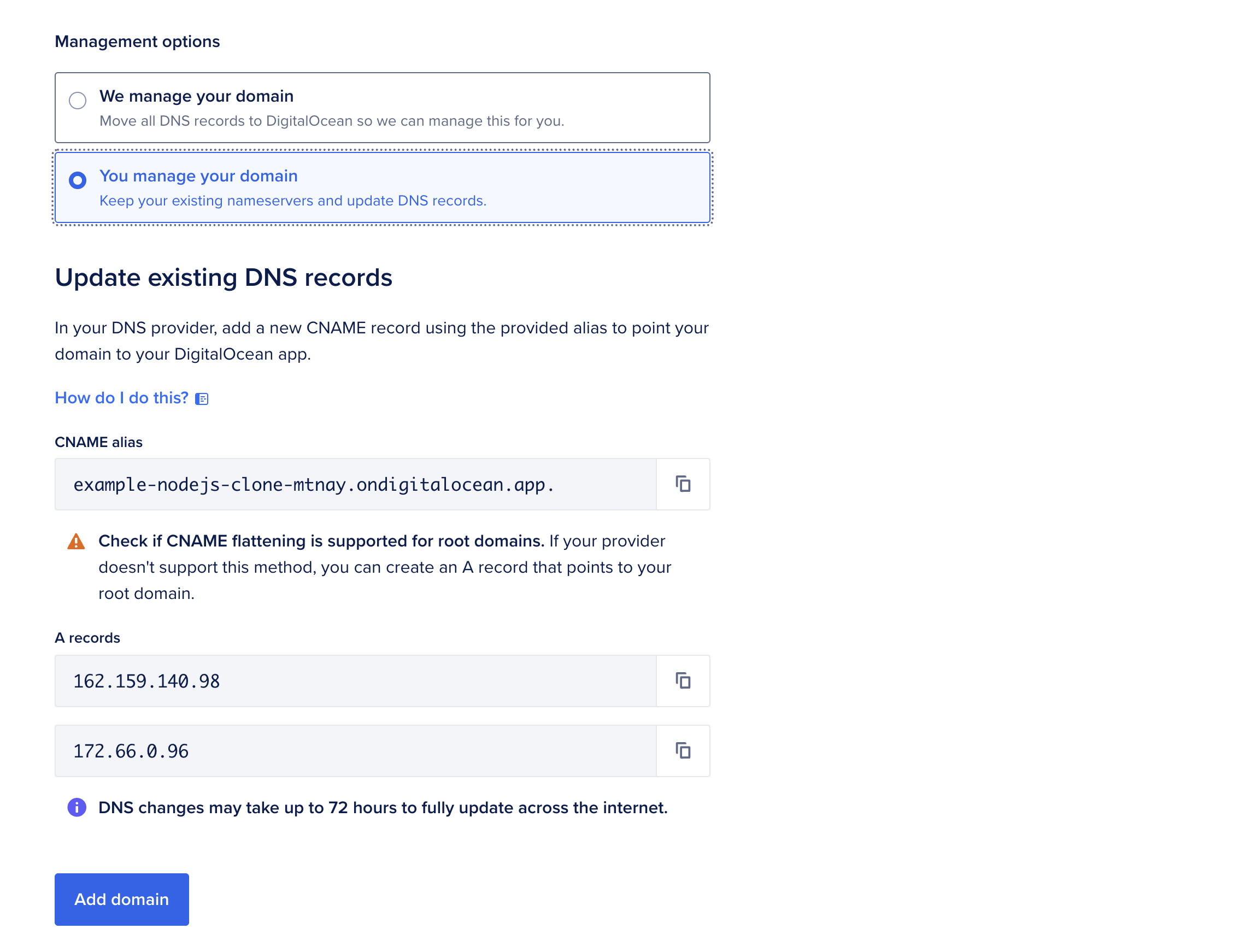 Add Domain screen with You manage your domain selected
