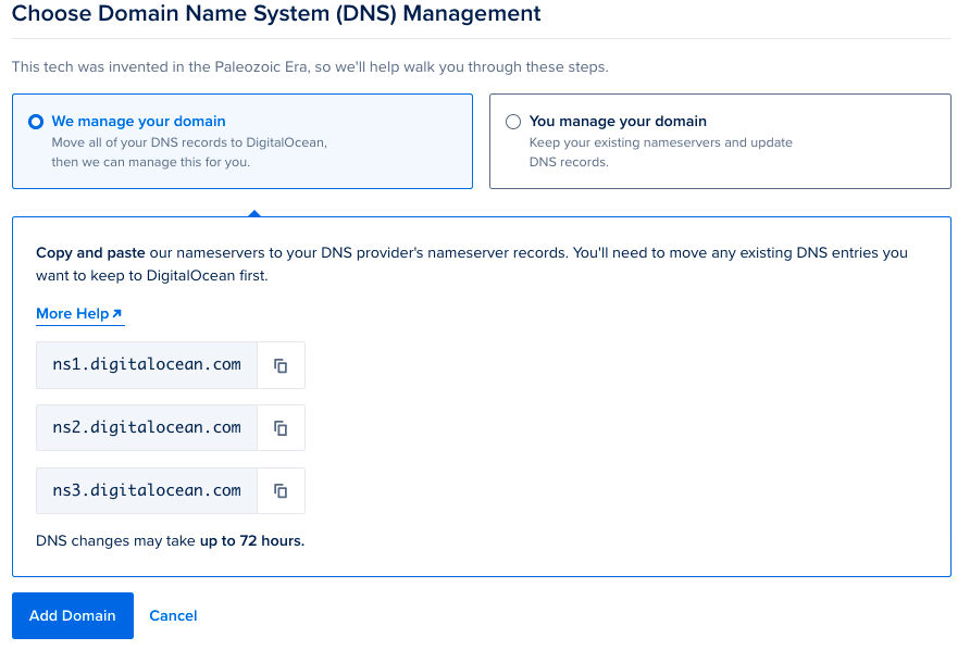 Domain add screen with Delegate to DigitalOcean selected
