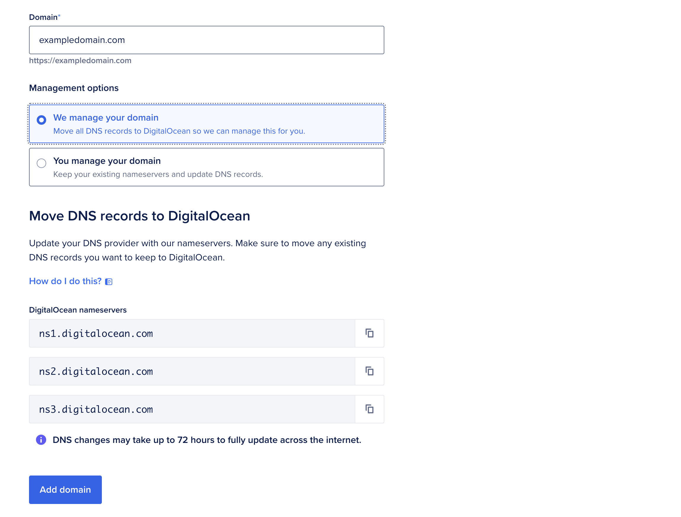 Add Domain screen with We manage your domain selected