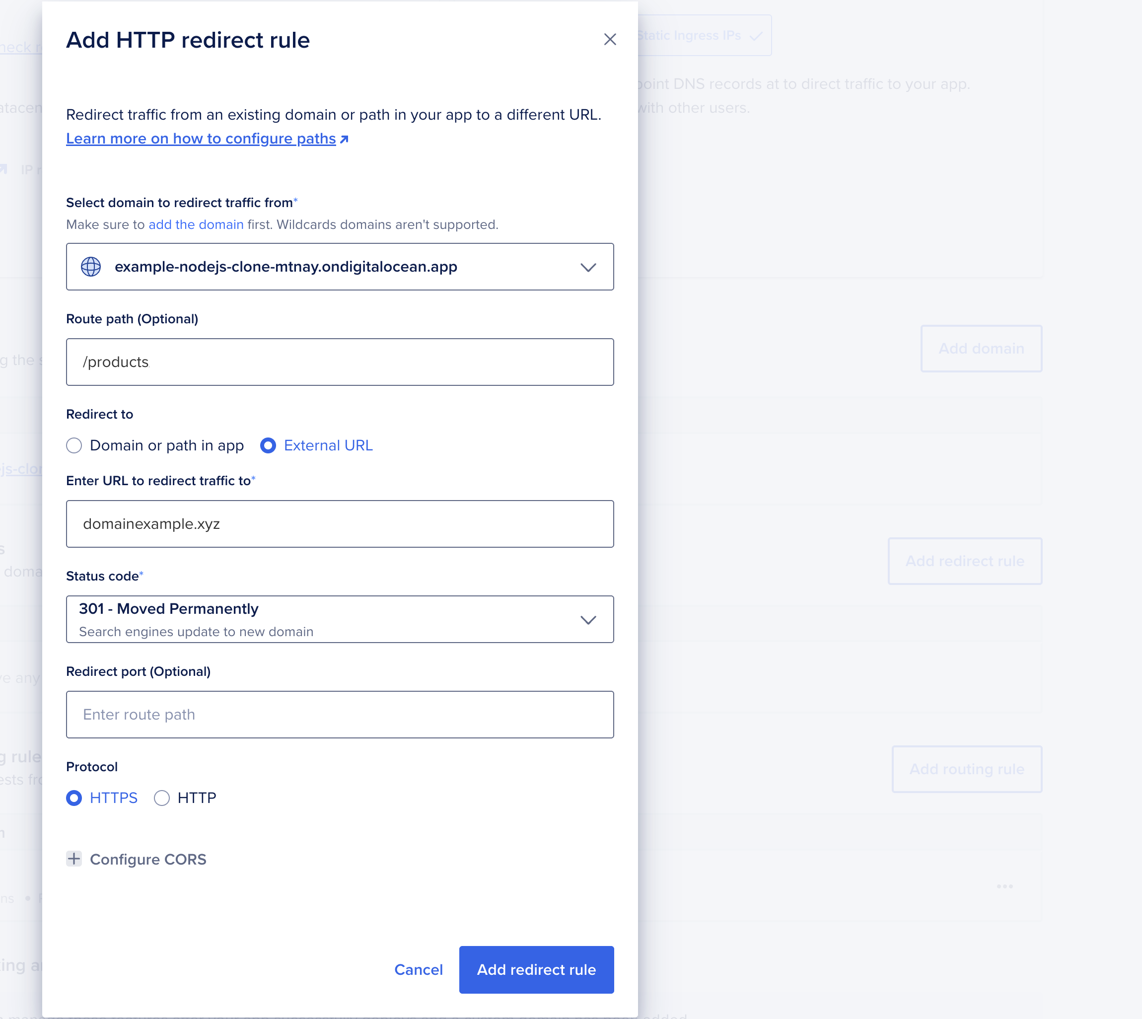 Add HTTP redirect rule window showing all domains being redirected to domainexample.xyz.
