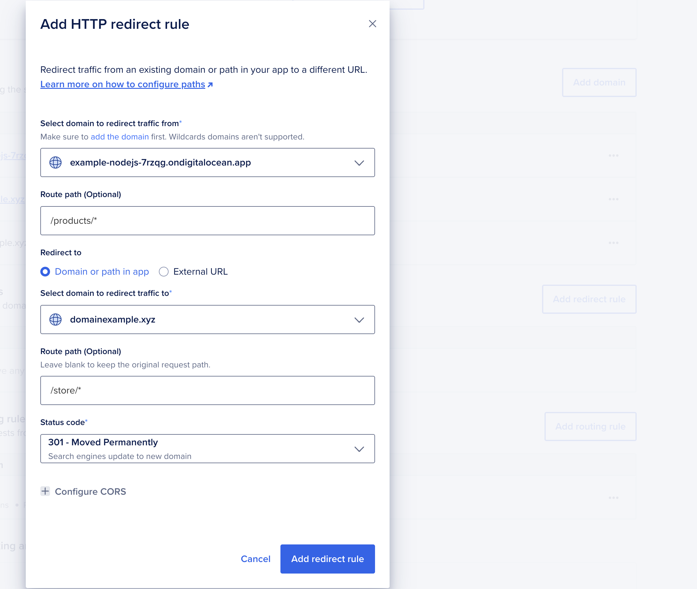 Add HTTP redirect rule dialog showing all domains being redirected to exampledomain.xyz.
