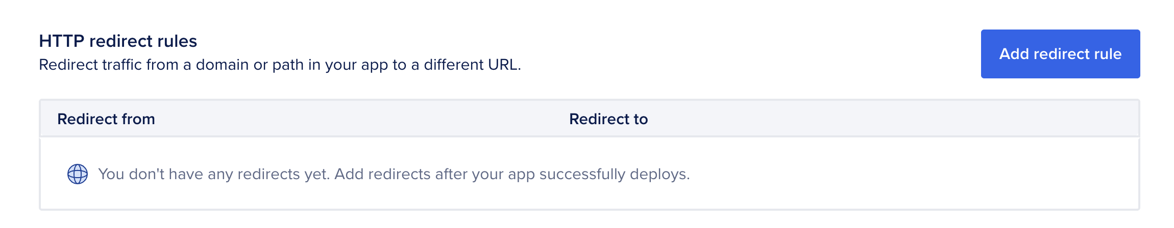 HTTP redirect rules section with the Add redirect rule button highlighted.