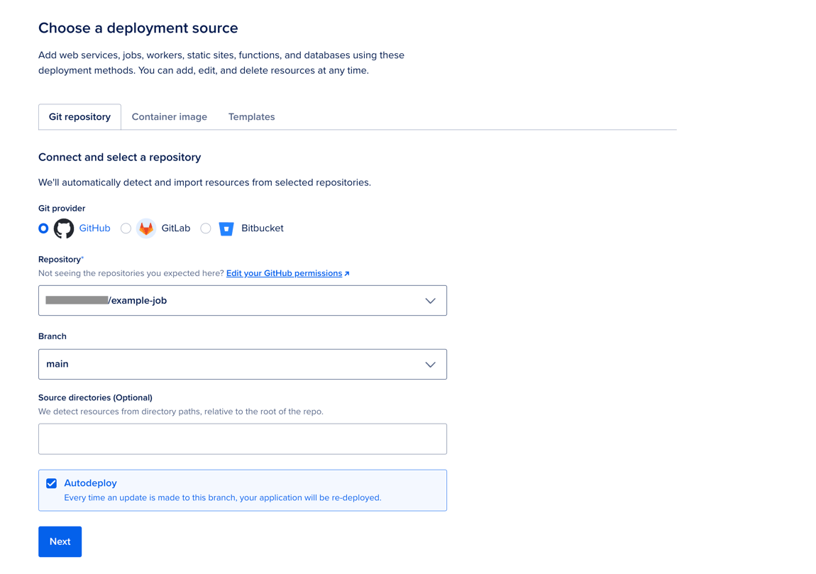 The Add resources screen showing a GitHub repository selected. The Autodeploy option is also selected.