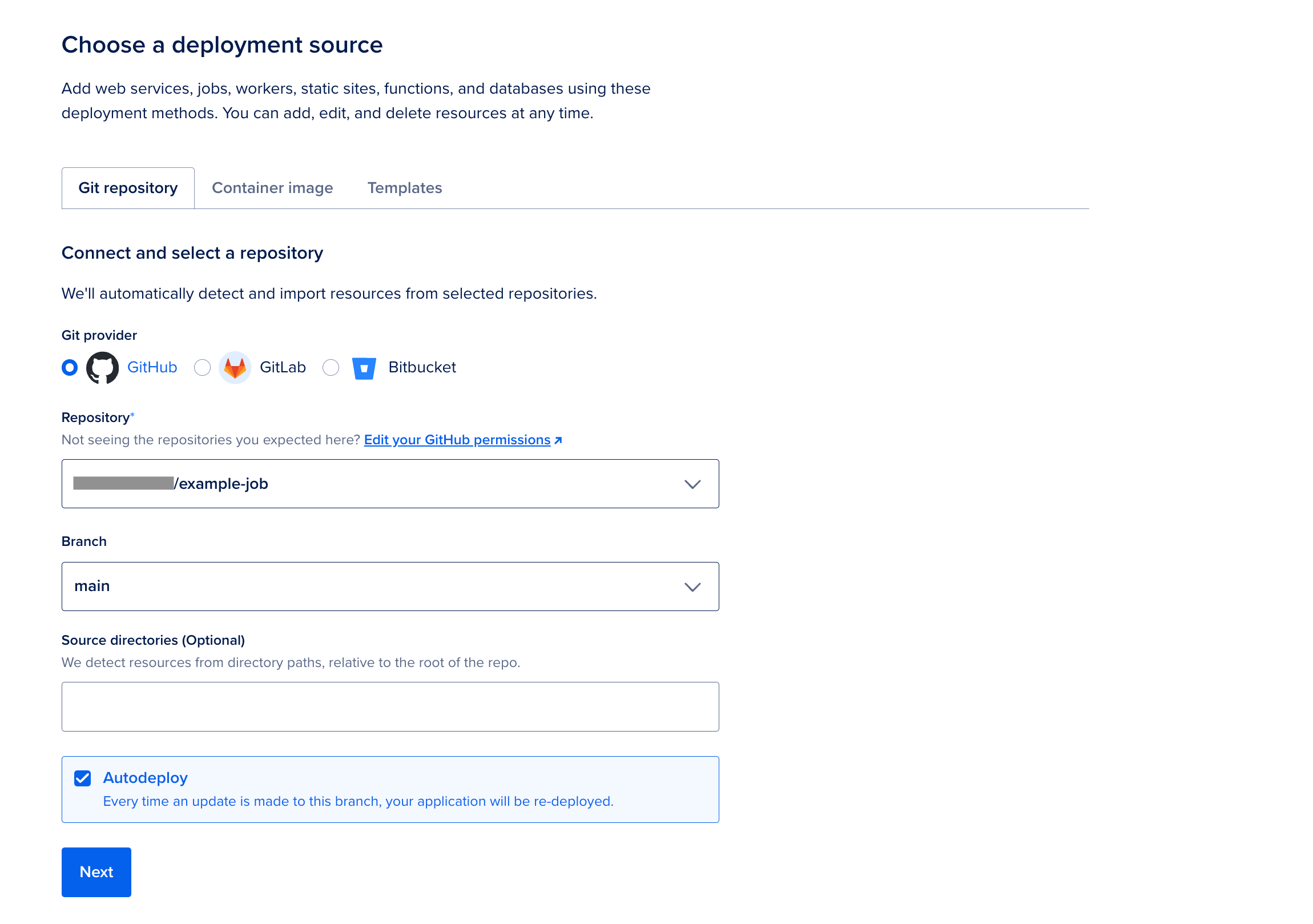 The Add resources screen showing a GitHub repository selected. The Autodeploy option is also selected.