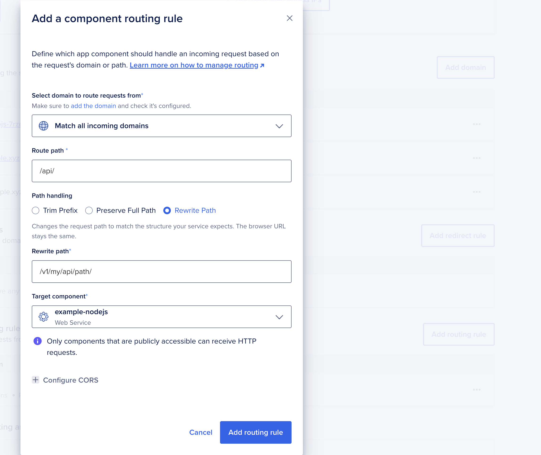 Add a component routing rule dialog with the Rewrite Path option selected.