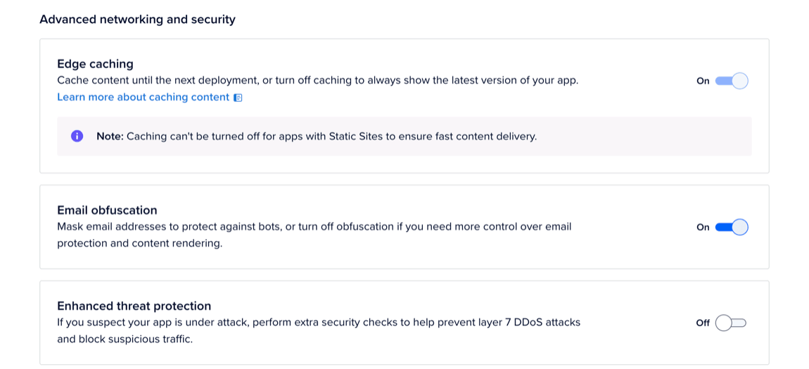 The Advanced networking and security section, showing the Edge caching, Email obfuscation, and Enhanced threat protection options.
