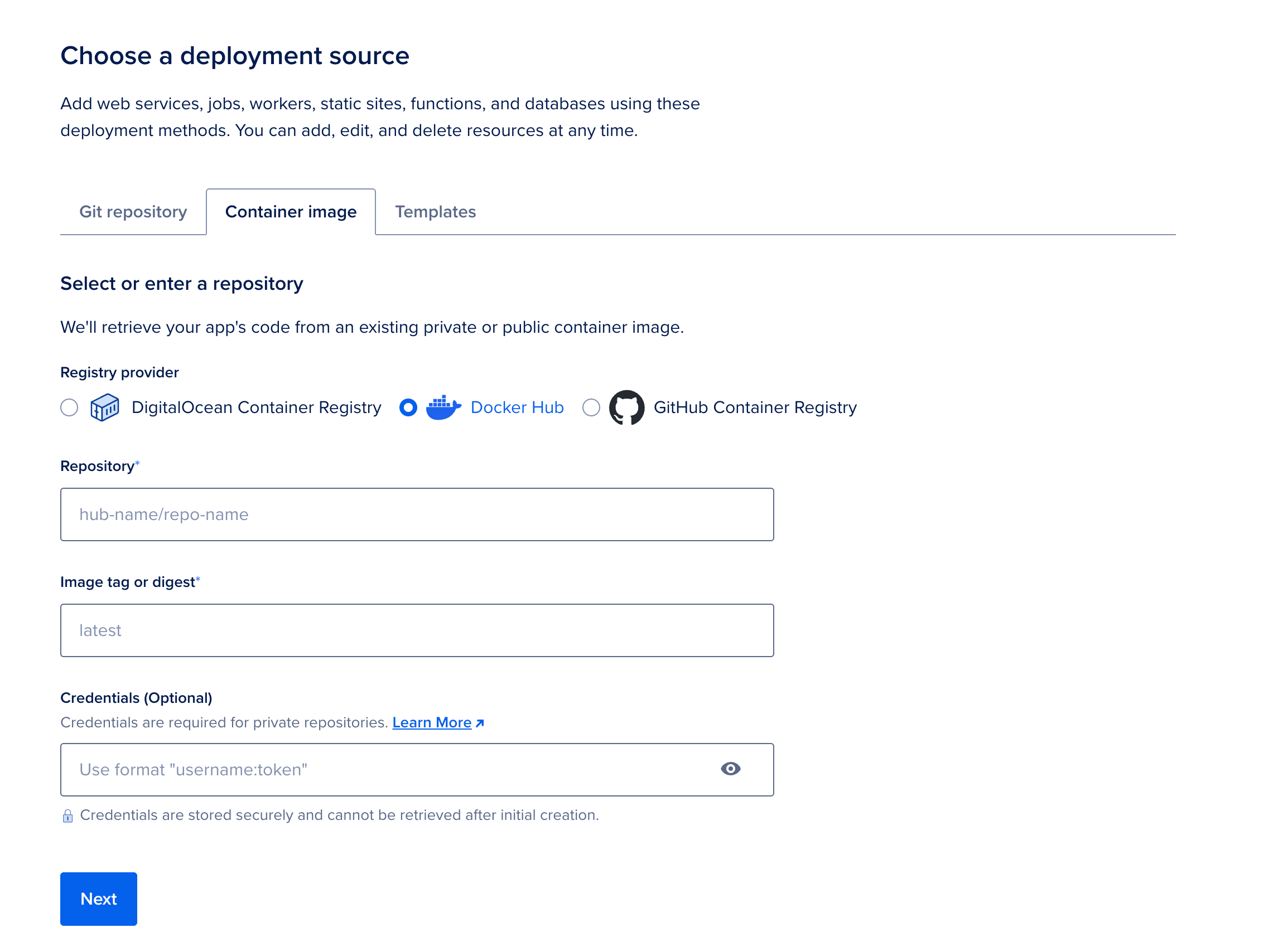 The Create an app page with the Container image tab selected and Docker Hub selected as the Registry provider.
