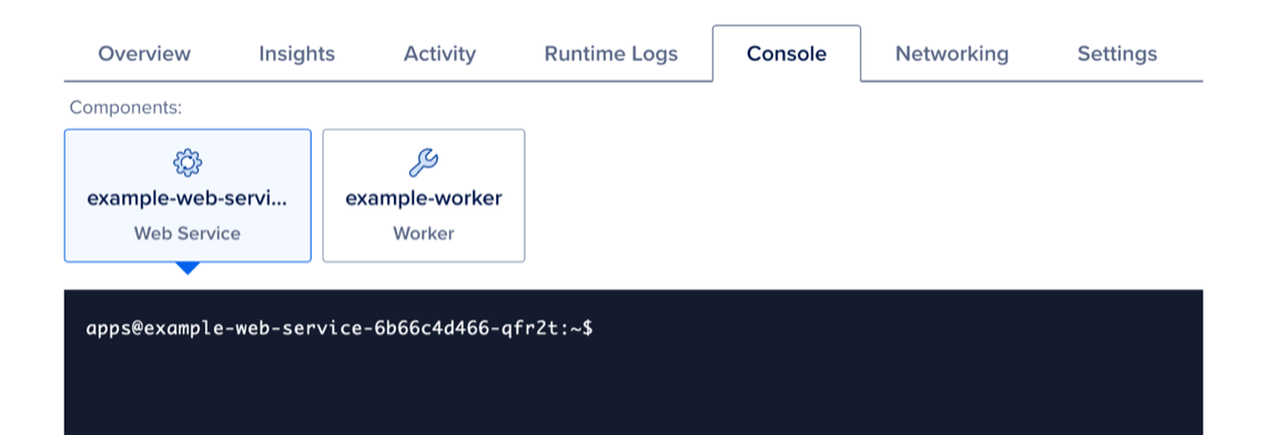 A screenshot of a console open for an app component.