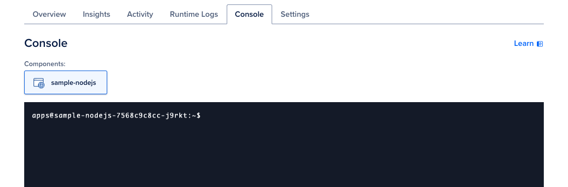 A screenshot of a console open for an app component named sample-nodejs.