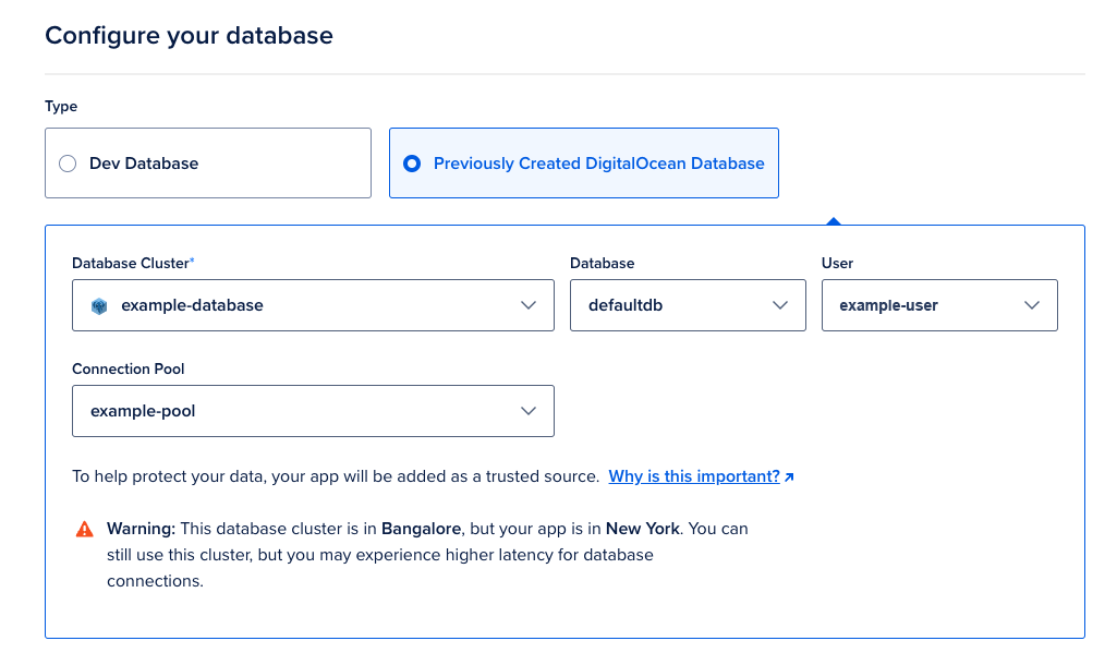 Configure database page with Previously Created DigitalOcean Database option selected and fields filled out.