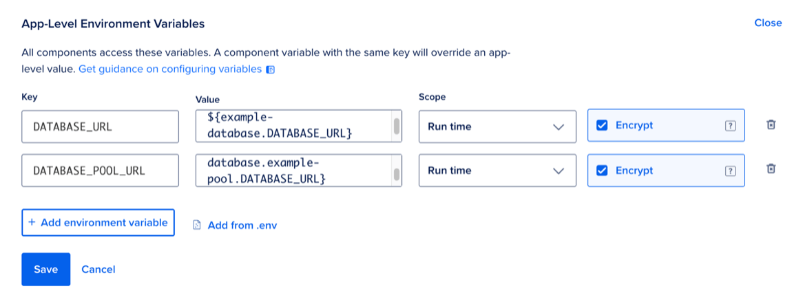 App-Level Environment Variables section with new environment variables added.