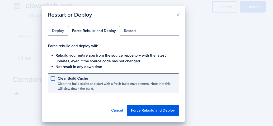 The Restart or Deploy modal with the Force Rebuild and Deploy tab selected.