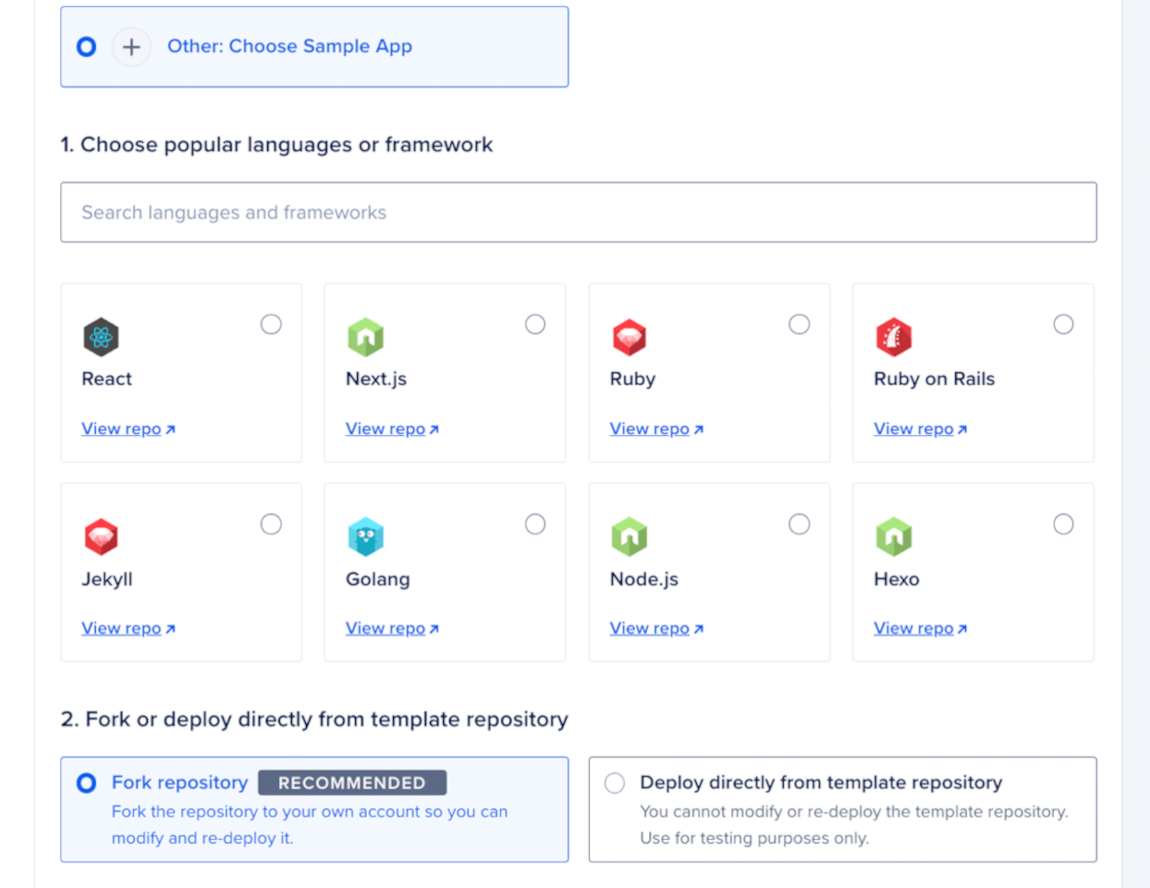 A screenshot of the control panel with the fork repository option selected.