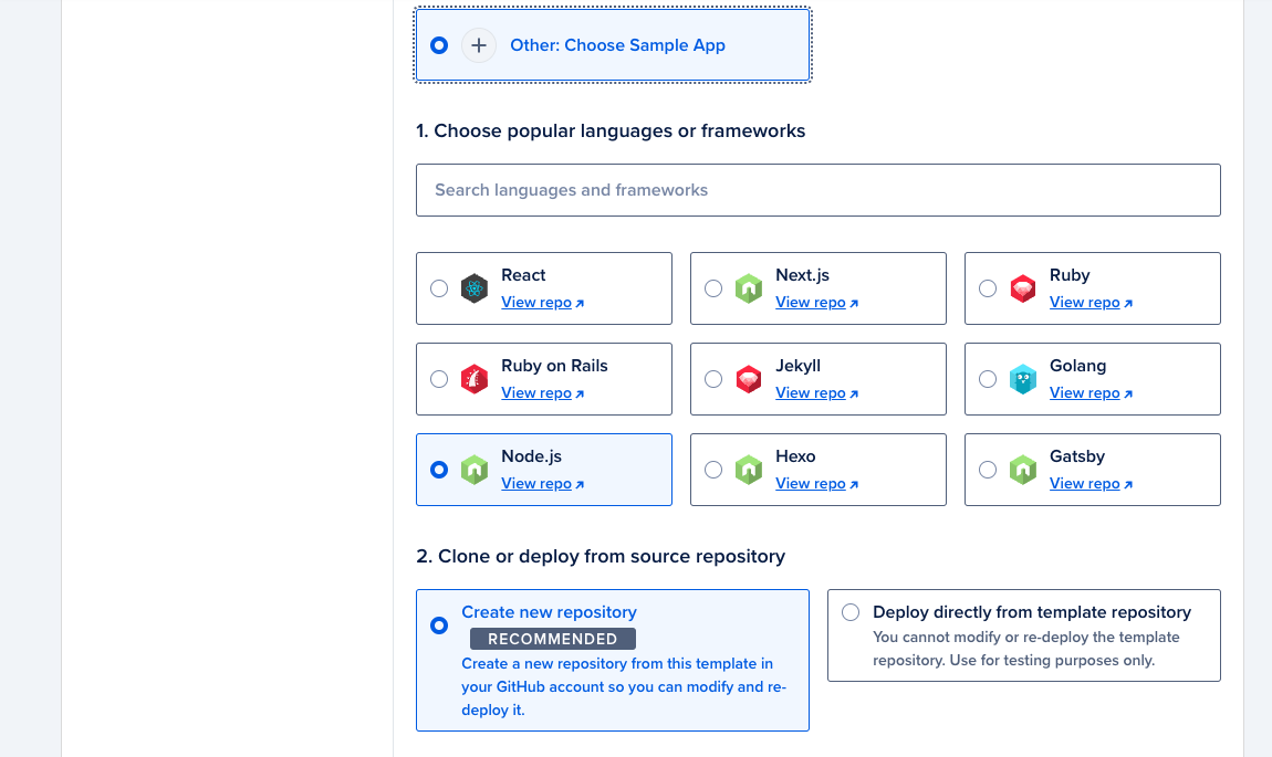 A screenshot of the control panel with the Create new repository option selected.