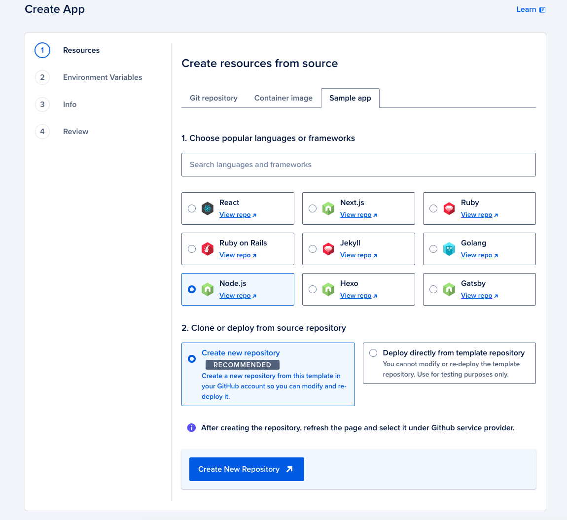 A screenshot of the control panel with the Create new repository option selected.