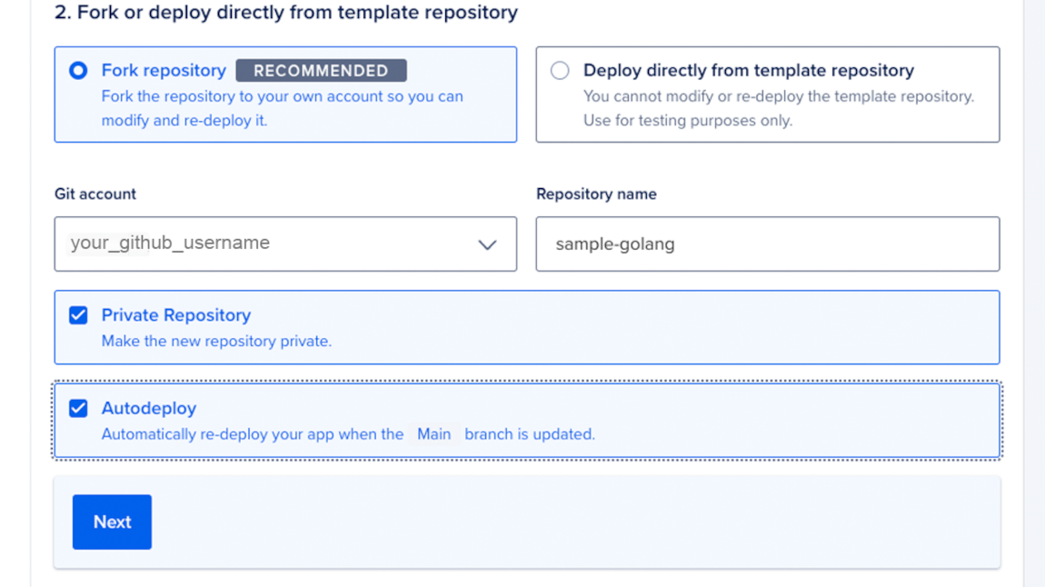 A screenshot of the control panel with the fork repository option selected and the GitHub user name and repository name fields highlighted filled in.