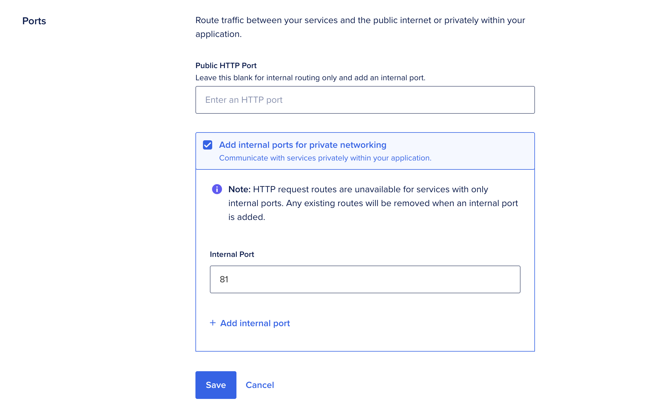 A screenshot of the Port section of an app. The internal port field is set to 81 and the Public HTTP Port is set to 8080.