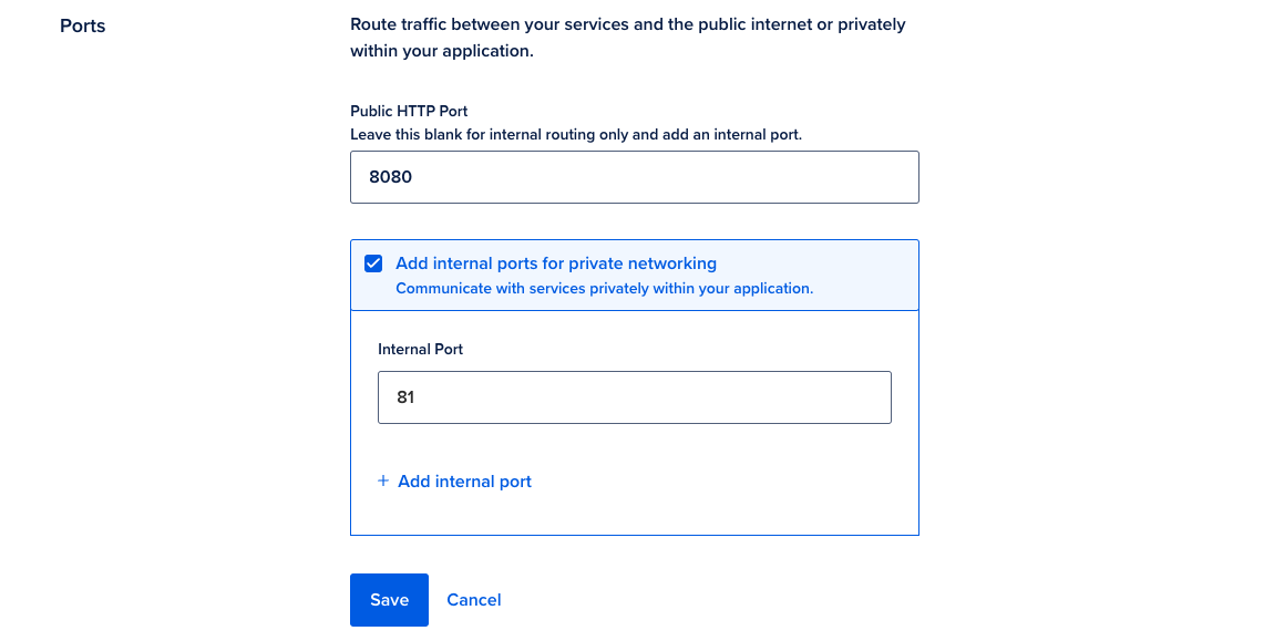 A screenshot of the Port section of an app. The internal port field is set to 81 and the Public HTTP Port is set to 8080.