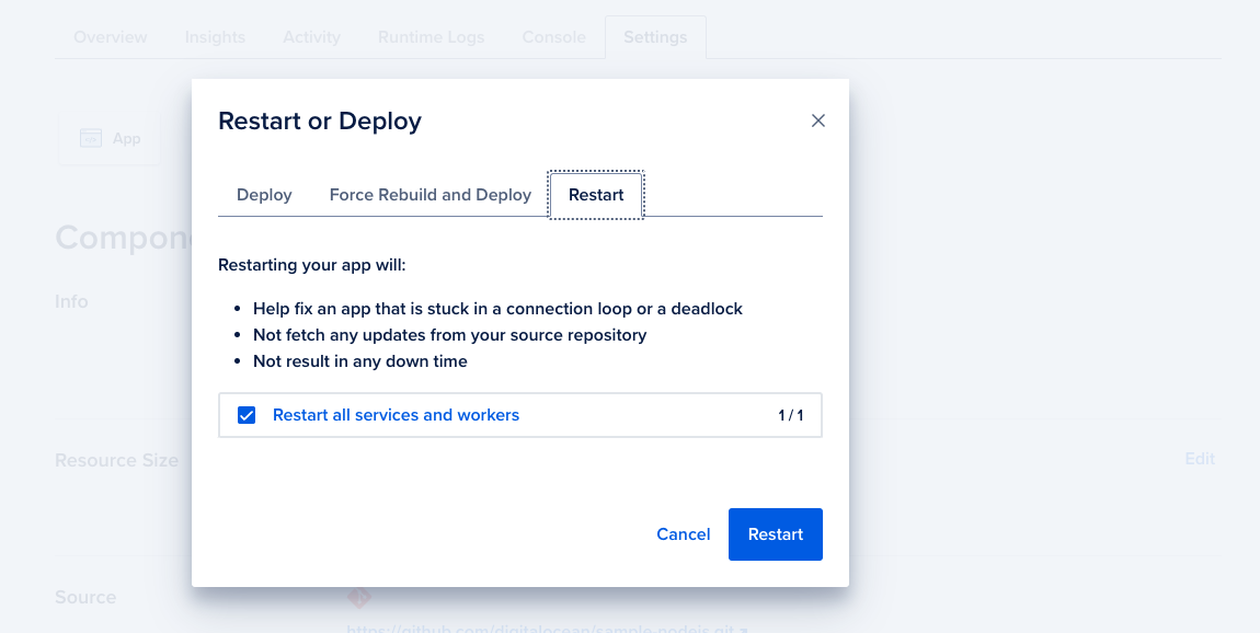 The Restart or Deploy modal with the Restart tab selected.