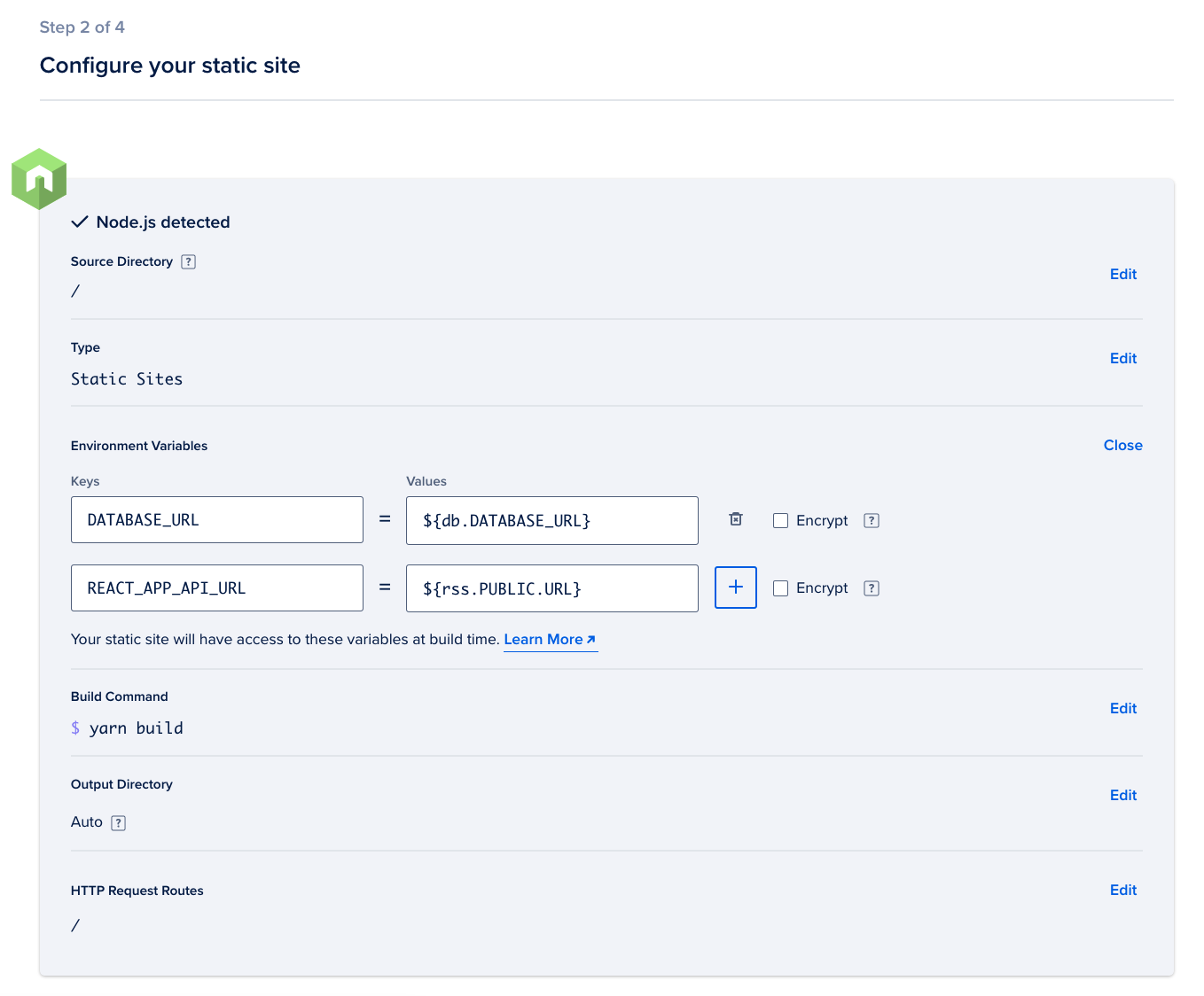 The Configure your static site page with the applicable fields filled out
