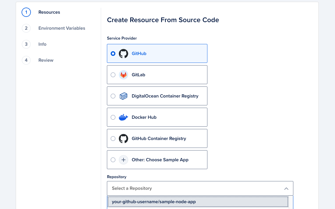 A screenshot of the control panel with the GitHub option selected and the new sample app repo selected under Repository