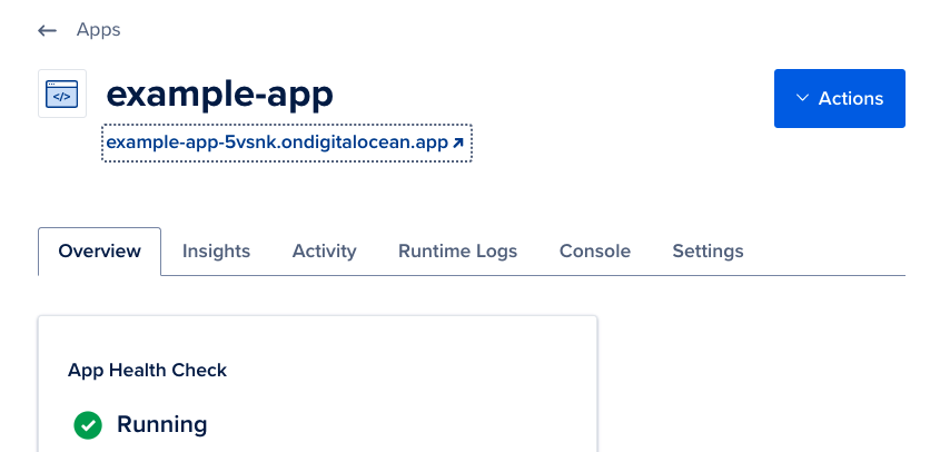The app's provided URL above the Overview page