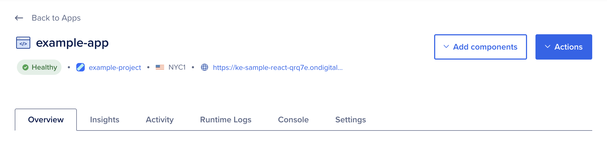 The app's provided URL above the Overview page
