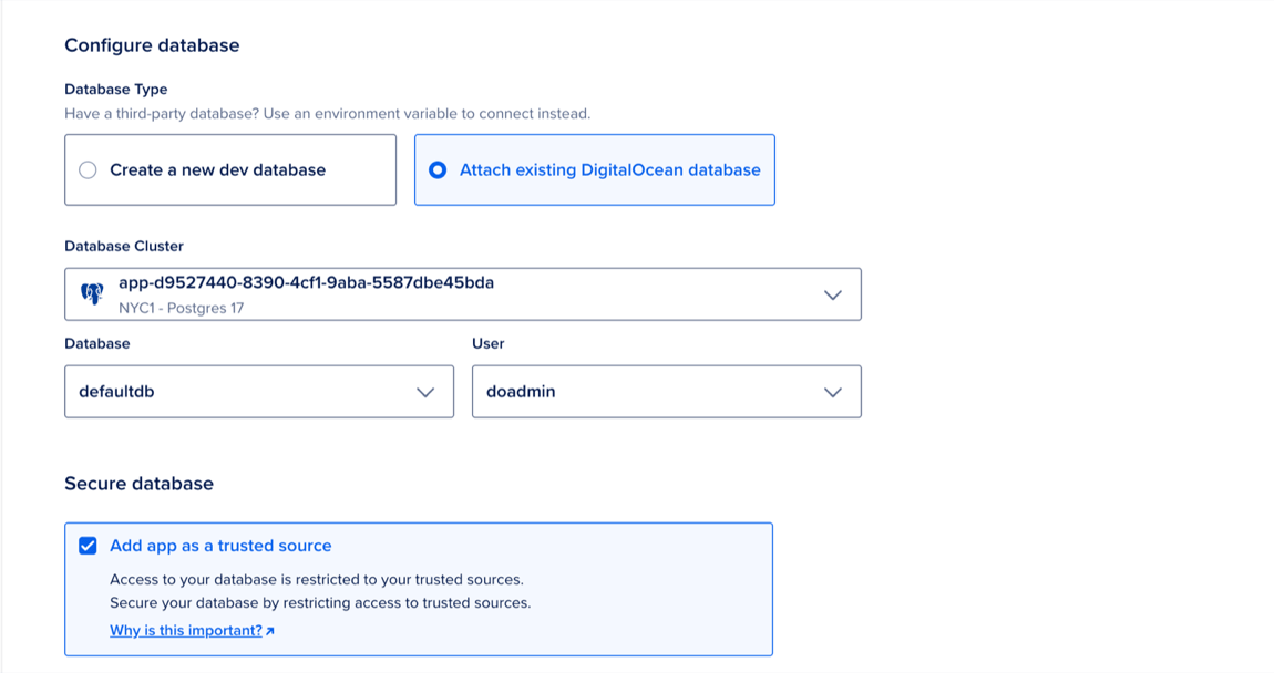 The Create or attach a database screen showing the Attach existing DigitalOcean database option selected.