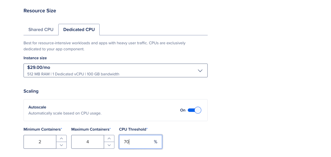 The Resource Size section of the Settings page, showing the autoscaling options.